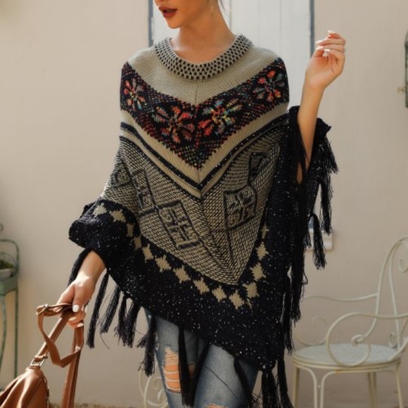 Sweaters - Khaki Floral Geometric Sequin Fringe Poncho